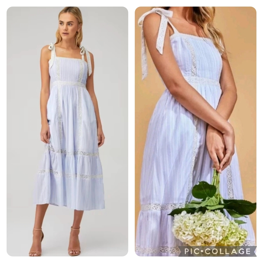 LoveShackFancy Ayala Blue and White Ruffled Tiered Midi Dress